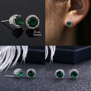 Green Emerald Silver Stud Earrings